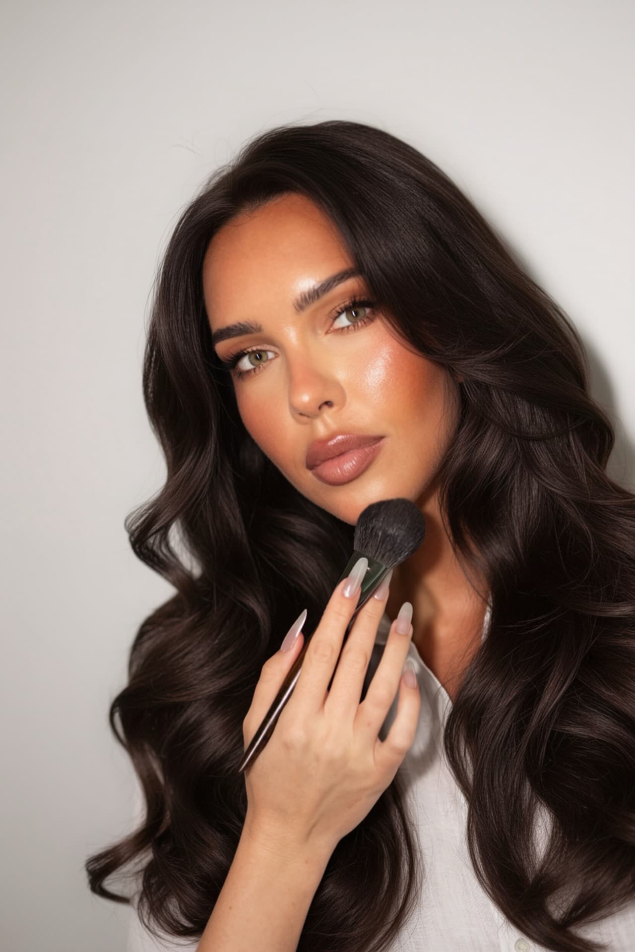 Luminous makeup and soft voluminous waves